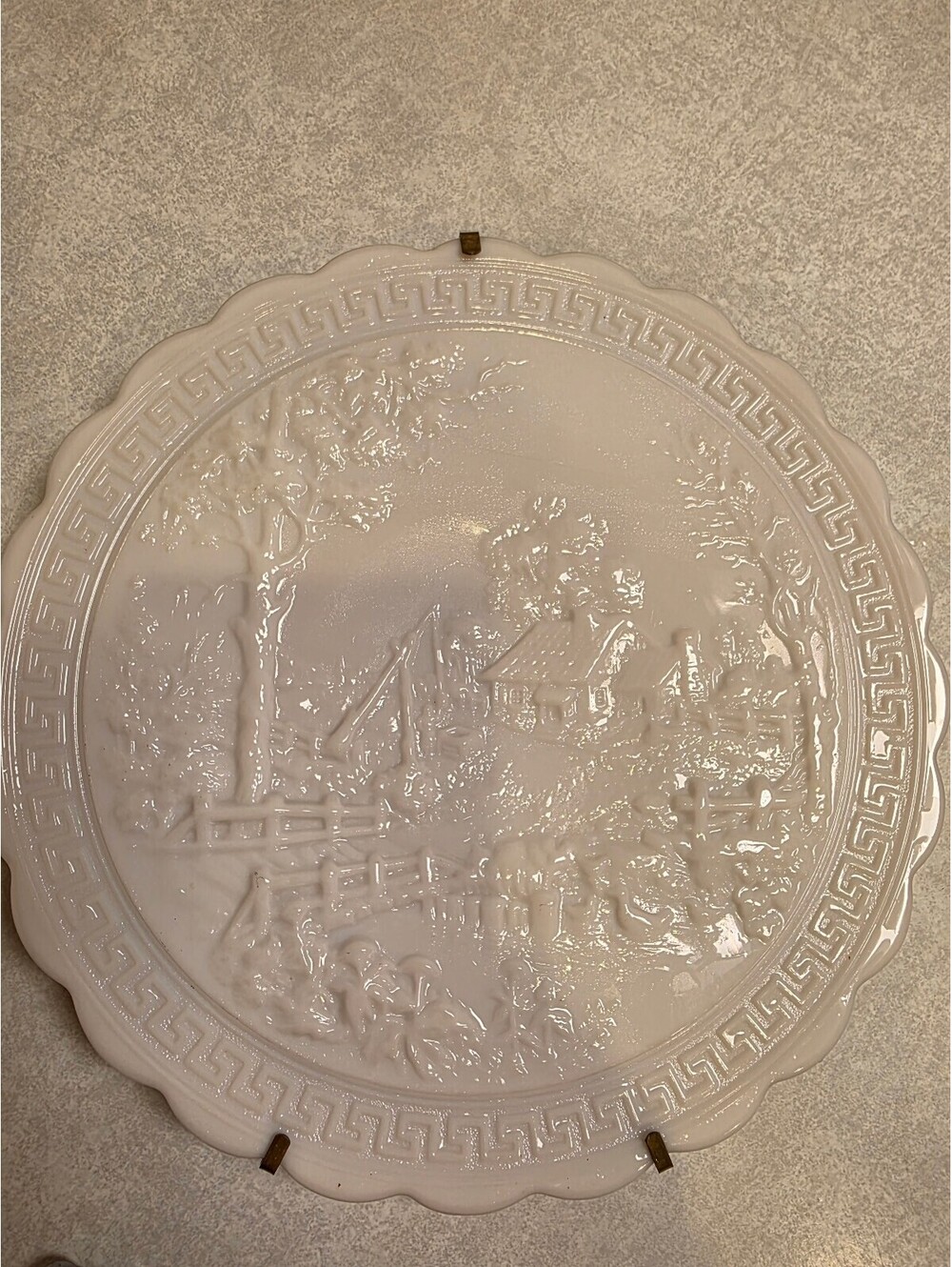 Imperial Glass Homestead White Milk Glass 12Embossed Scenic Wall Plate Greek Key